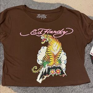 Ed Hardy Brown Tee with Tiger and Floral Design